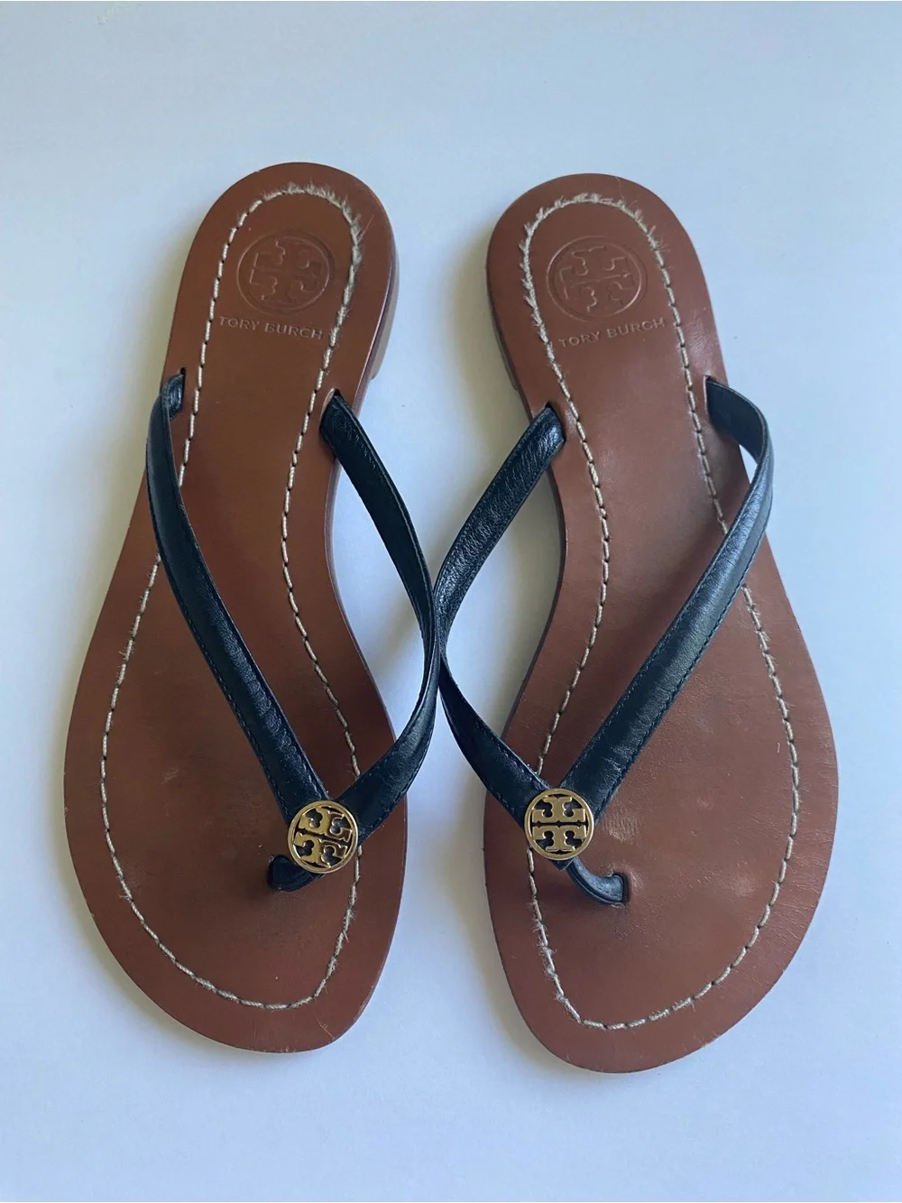 Tory Burch Terra Black Leather Thong Sandals Size 5 Beach Resort Vaca